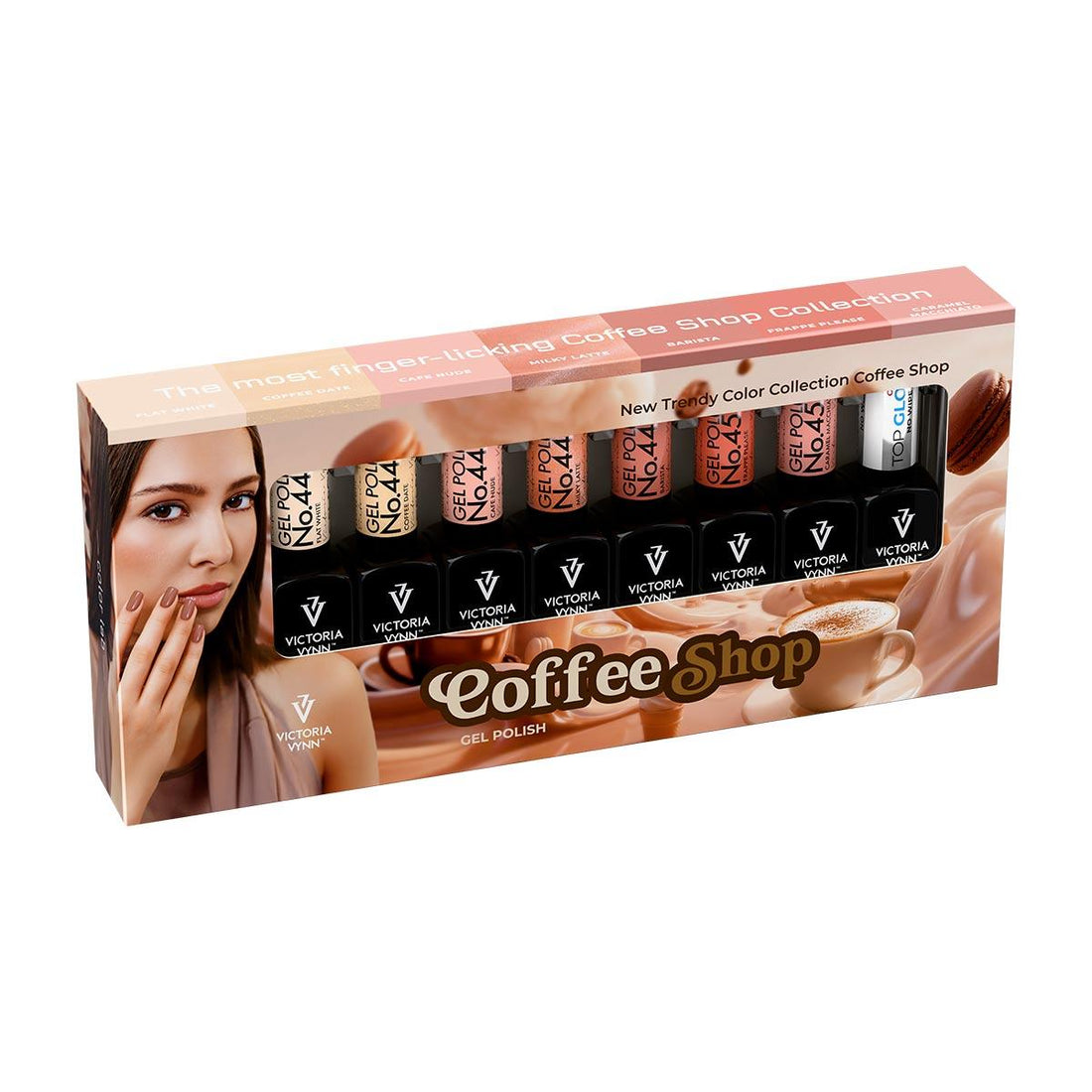 Victoria Vynn Salon Gellak | 8-pack | Coffee Shop #445 - #451 + Top Coat - Oh! My Gloss No Wipe