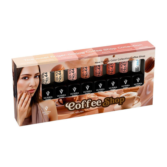 Victoria Vynn Salon Gellak | 8-pack | Coffee Shop #445 - #451 + Top Coat - Oh! My Gloss No Wipe